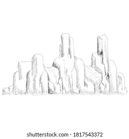 Mountain illustration sketch. Black and white isolated rocky mountain sketch. Landscape element hand drawn vector illustration eps 10. 