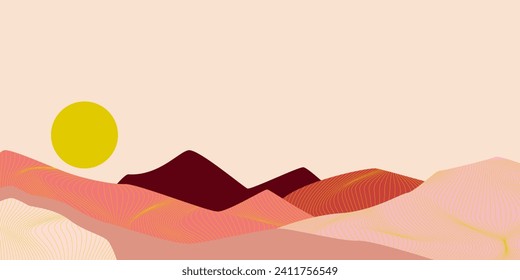 a mountain illustration in soothing pastel colors creates a serene backdrop. gold lines make this artwork ideal for a variety of creative projects, from prints to digital designs.