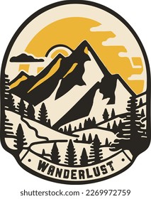 Mountain illustration with sun and trees, outdoor adventure. Vector format, suitable for logo, tshirt, badge, emblem or stamp