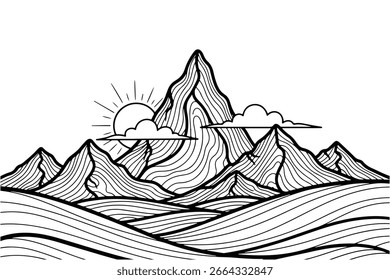 Ilustração de montanha com arte de linha grossa e fina em um fundo branco