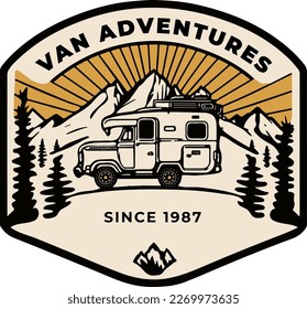 Mountain illustration with trees and van, outdoor adventure. Vector format, suitable for logo, tshirt, badge, emblem or stamp