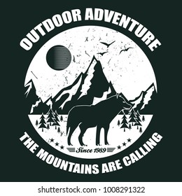 Mountain illustration and wolf . Vectors for t shirt