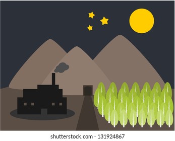 Mountain industry and tree at night in environment concept illustration