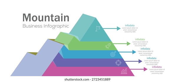 Plantilla de elementos infográficos de montaña con 5 pasos. liderazgo y motivación. concepto de negocios y finanzas. Diagrama de línea de tiempo con Vector de montaña.	