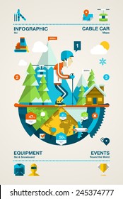 Mountain infographic with ski elements,colourful vector background