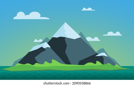 Mountain island in the open sea. Concept picture of travaling and tourism. Vector illustration.