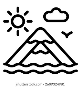 Mountain island, sun and cloud line icon, travelling concept. Vector graphics. Nature landscape sign on white background, style mobile or design