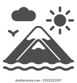 Ilha de montanha, sol e nuvem ícone sólido, conceito itinerante. Gráficos vetoriais. Símbolo de paisagem natural no fundo branco, ícone de estilo de glifo para design móvel ou web