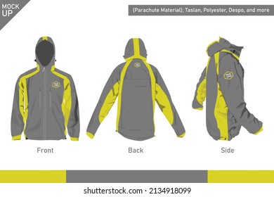 Mountain Jacket Mockup Design Vector (front, side, and back view). Parachute Jacket, Polyester. Custom Concept. Isolated white background.