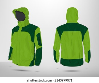Mountain Jacket Mockup Design Vector (front And Back View). Parachute Jacket, Polyester. Custom Concept. Light Green And Dark.