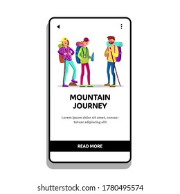 Mountain Journey And Extreme Adventure Vector. Young Man And Woman Hikers With Touristic Equipment Backpack And Sleeping Bag, Stick And Water Bottle For Mountain Journey. Web Flat Cartoon Illustration