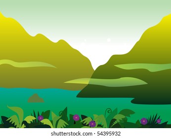 Mountain and jungle landscape background. Vector Illustration of tropical rainforest. Jungle landscape with mountain,  exotic plants and river.