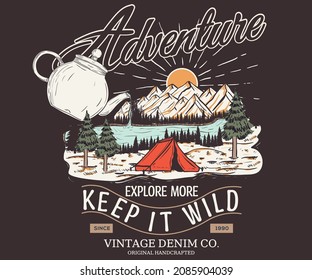 Mountain with kettle colorful sketch vintage graphic t shirt design. Explore more vintage artwork for apparel, sticker, batch, background, poster and others.
