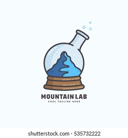 Mountain Lab Abstract Vector Sign, Emblem or Logo Template. Snow Ball and Chemistry Flask Concept Symbol. Isolated.
