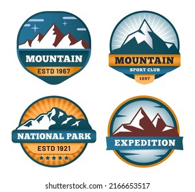 Mountain labels. Snowy rock tops, outdoor adventure emblems. Sport club or expedition badges. Wildlife hiking or camping, environment exploration stickers. National park logo vector isolated set