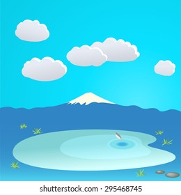 Mountain and lake at the background of the cloudy sky, vector illustration