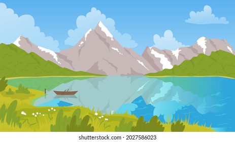 Mountain lake and boat in scenic nature summer landscape vector illustration. Cartoon fishing vessel boat in calm water of pond, lake or river, reflection of countryside peaceful scenery background