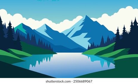 mountain lake bordered by verdant trees and grassy areas, showcasing the tranquility of the natural landscape flat vector illustration.