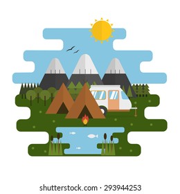 Mountain lake camp ecological landscape in flat design. National park wildlife sanctuary scene summer camping. Vector minimal style illustration. 