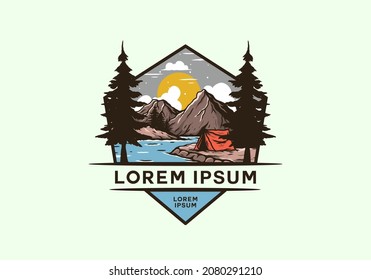 Mountain lake camping illustration drawing design