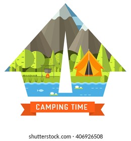 Mountain lake campsite place in tourist tent shape. Forest hiking travel landscape in concept contour. Summer camp postcard vector illustration. Love camping time adventure invitation isolated.
