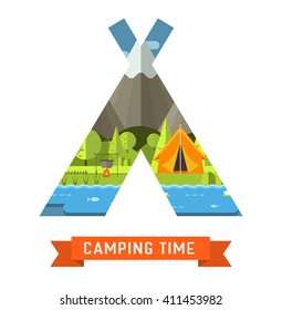 Mountain lake campsite place in tourist tent shape. Forest hiking travel landscape in concept tepee contour. Summer camp postcard vector illustration. Camping time adventure invitation template.