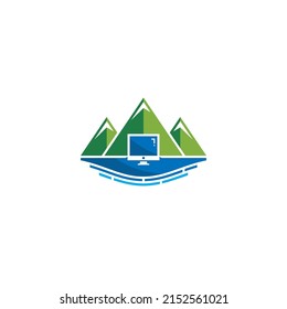 Mountain, Lake And Computer Logo Or Icon Design