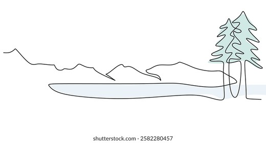 Mountain with lake in continuous line drawing. Minimalist landscape symbolizing tranquility, nature, and outdoor adventure. Vector illustration hand drawn.