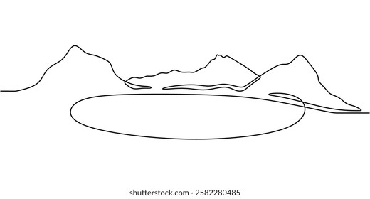 Mountain with lake in continuous line drawing. Minimalist depiction of a serene landscape, symbolizing nature and tranquility. Vector illustration hand drawn.