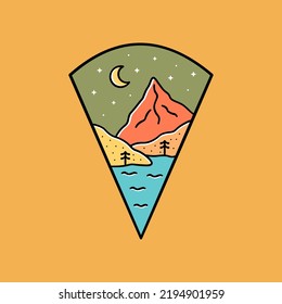 The mountain and lake with crescent moon for nature badge emblem graphic vector art t-shirt design