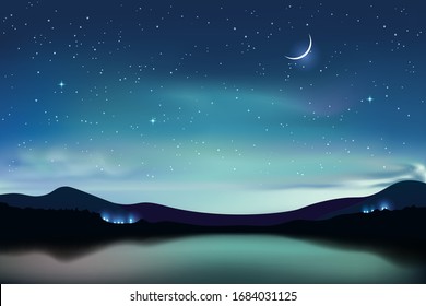 Mountain lake with dark turquoise starry sky and a crescent moon, night sky realistic background, vector illustration