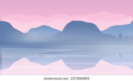 Mountain Lake at Dawn. Beautiful morning scenery vector illustration