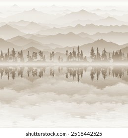 Lago de montaña al amanecer, bosque de coníferas en la niebla de la mañana, paisaje minimalista en tonos sepia, Ilustración vectorial