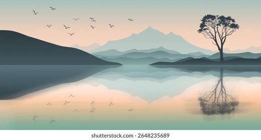 Lago de montanha ao amanhecer, paisagem minimalista, reflexão pitoresca, ilustração vetorial
