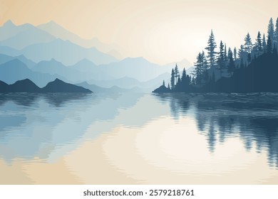 Mountain lake at dawn, misty silhouettes of ridges, forest and fog, panoramic view, vector illustration