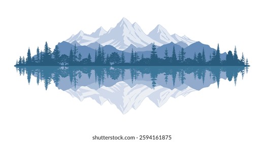 Mountain lake at dawn, misty silhouettes of ridges, forest and fog, panoramic view, vector illustration