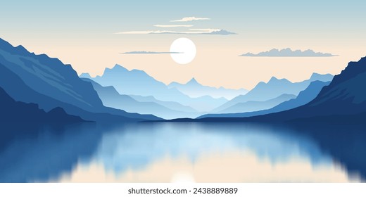 Lago de montaña al amanecer, luz y sol de la mañana, reflexión escénica, ilustración vectorial