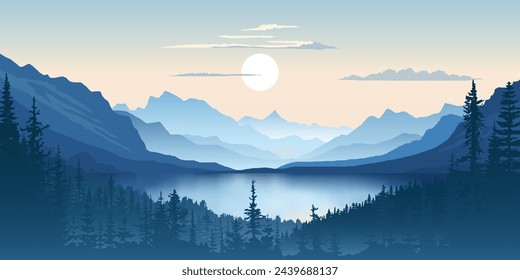 Mountain lake at dawn, morning light and sun, forested shores, vector illustration