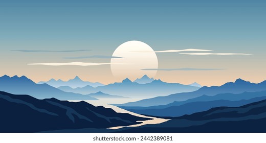 Mountain lake at dawn, morning light and sun, vector illustration