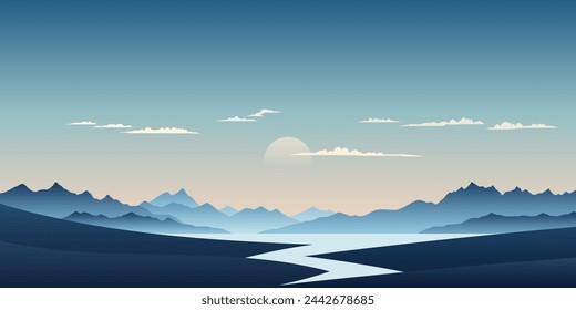 Mountain lake at dawn, morning light and sun, vector illustration