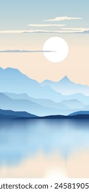Mountain lake at dawn, morning light and sun, scenic reflection, vertical banner, vector illustration
