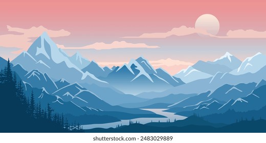 Mountain lake at dawn, morning light and sun, vector illustration