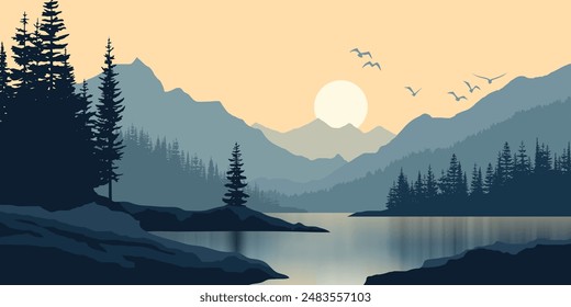 Mountain lake at dawn, morning light and sun, vector illustration