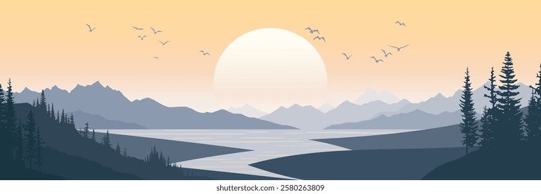 Mountain lake at dawn, morning light and sun, bird flock, vector illustration