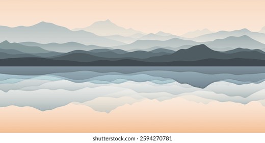 Mountain lake at dawn, morning light and, minimalist landscape, vector illustration