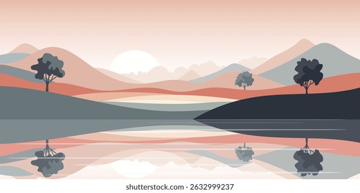 Mountain lake at dawn, morning light and sun, minimalist landscape, vector illustration