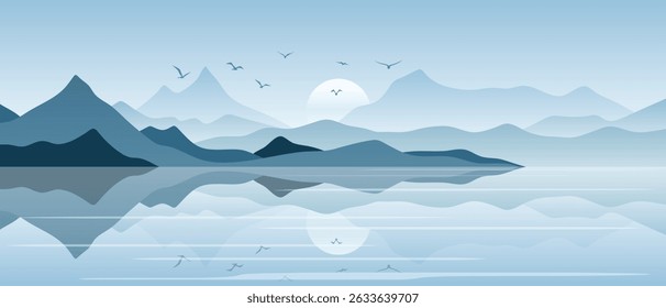 Lago de montanha ao amanhecer, luz da manhã e sol, paisagem minimalista, reflexão cênica, ilustração vetorial