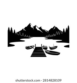 Mountain lake dock silhouette against white background a graphic landscape scene
