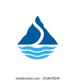 Mountain lake flat logo template in blue color