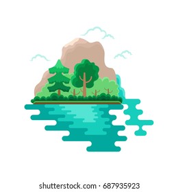 Mountain lake. Flat vector illustration depicting forest, lake and mountain.